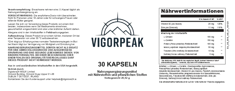Vigor Peak – Etikett und Nährwertangaben